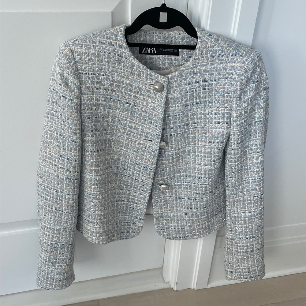 Zara Women's Textured Tweed Blazer - blue snd silver